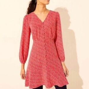 LOFT Womens Red Dress with White Heart Print Long Sleeve Lightweight Size 4